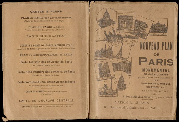 Nouveau Plan de Paris monumental Divisé en carrés permettant de trouver facilement les Monuments, Musées, Théatres, etc.
