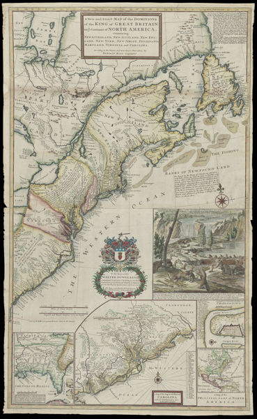 A New and Exact Map of the Dominions of the King of Great Britain on ye continent of North America : containing Newfoundland, New Scotland, New England, New York, New Jersey, Pensilvania, Maryland, Virginia and Carolina ...