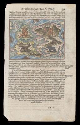 Untitled world map depicting the four beasts of Daniel's dream and crude portrayals of Europe, Asia, and Africa