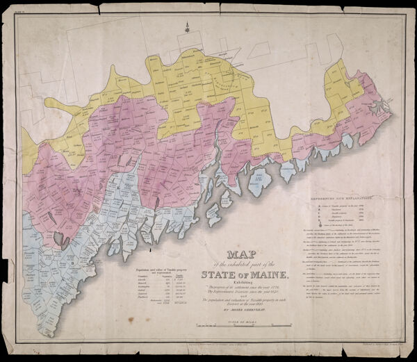 Map of the Inhabited Part of the State of Maine Exhibiting the progress of its settlement since 1778, The Representative Districts since 1820, and The population and valuation of Taxable property in each District at the year 1820. By Moses Greenleaf.