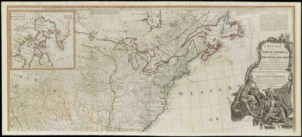 A New Map of North America, with the West India Islands. Divided according to the preliminary Articles of Peace, signed at Versailles, 20, Jan. 1783. wherein are particularly distinguished the United States, and the several provinces, governments & ca. which compose the British Dominions, laid down according to the latest surveys, and corrected from the original materials, of Governor Pownall, Member of Parlaiment