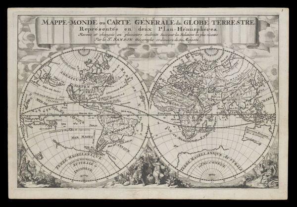 Mappe-Monde ou Carte Generale du Globe Terrestre Representee en deux Plan-Hemispheres, Reveiie et changee en plusieurs endroits Suivant les Relations les plus recentes