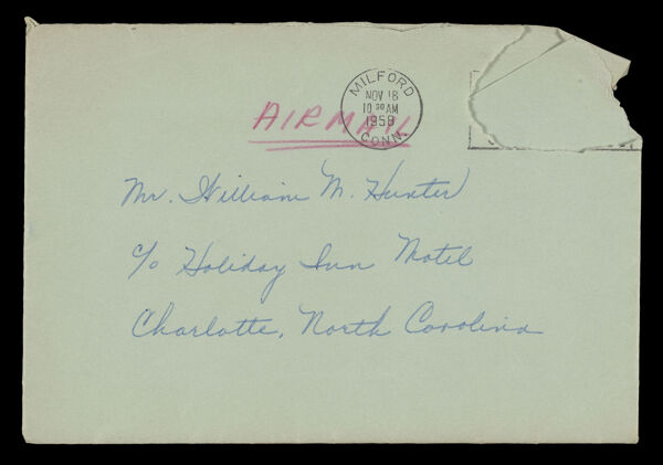 [Envelope] Mr. William M. Hunter to Holiday Inn hotel Charlotte, North Carolina [Front]