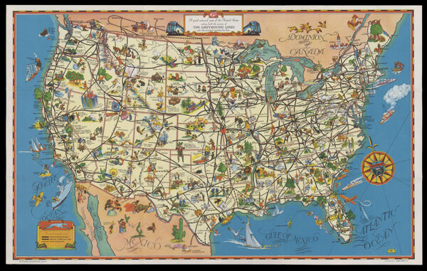 A good natured map of the United States setting forth the services of the Greyhound Lines and a few principal connecting lines