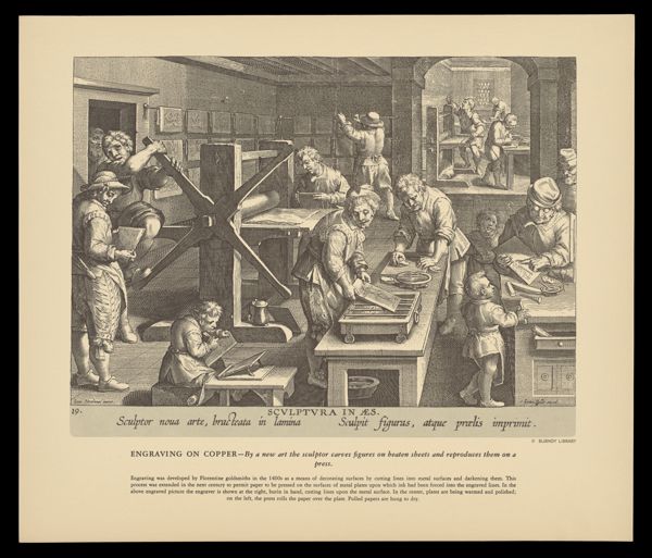 Engraving on Copper— by a new art the sculptor carves figures on beaten sheets and reproduces them on a press.