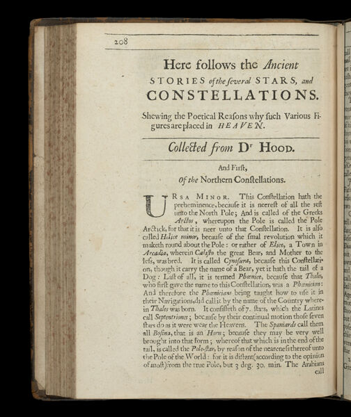 Her follows the ancient stories of the several stars and constellations.  Shewing the poetical reasons why such various figures are placed in heaven.  Collected from Dr Hood.