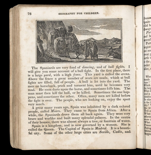 [Untitled image of people leading a train of donkeys.  The text suggests they are Spanish.]