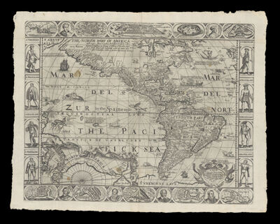 A new, plaine, and exact map of America : described by N.I. Vischer, and don into English, enlarged and corrected according to I: Blaeu with the habits of the Countries, and the manner of the cheife Citties: the like never before