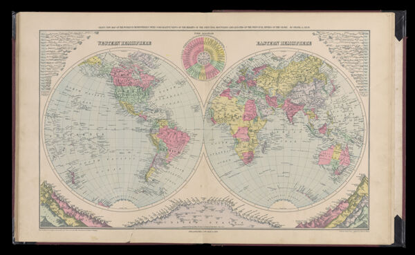 Gray's New Map of the World in Hemispheres, with comparative views of the heights of the principal mountains and lengths of the principal rivers on the globe. By Frank A. Gray