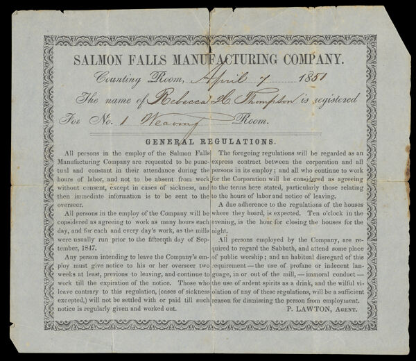 Rebecca Thompson: Employee contract for No. 1 weaving room, Salmon Falls Manufacturing Company, April 7, 1851