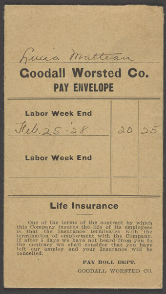 Lucia Matteau: Paycheck envelope for labor week ending February 25, 1928: $20.25. <span style=