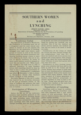 Southern women and lynching : Jessie Daniel Ames, executive director, Association of Southern Women for the Prevention of Lynching ... Atlanta, Ga