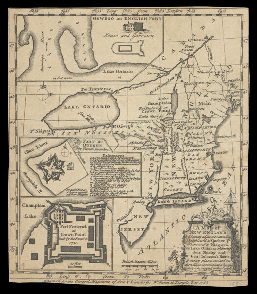 A Map of New England & ye Country adjacent, extending Northward to Quebec, & Westward to Niagara, on Lake Ontario: shewing Gen: Shirley and Gen: Iohnson's Routs, & many places omitted in other Maps: Communicated by a gentleman who resided in these parts.