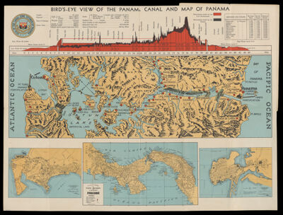 Bird's eye view of the Panama Canal and map of Panama