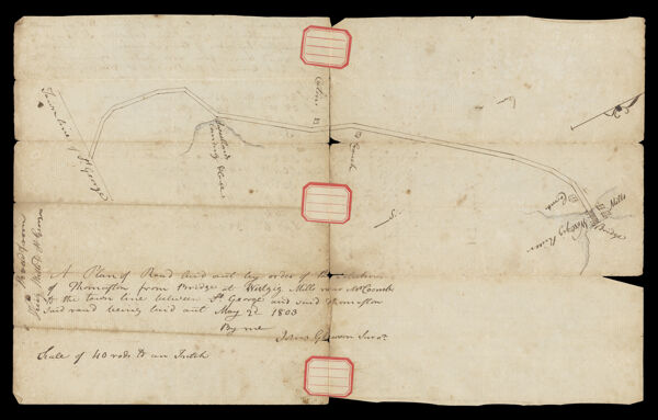 A Plan of road laid out by order of the selectmen of Thomaston from Bridge at Westgig Mills near Mr. Coomb to the town line between St. George and said Thomaston said road being laid out May 2d, 1803 by me, John Gleason, suror.