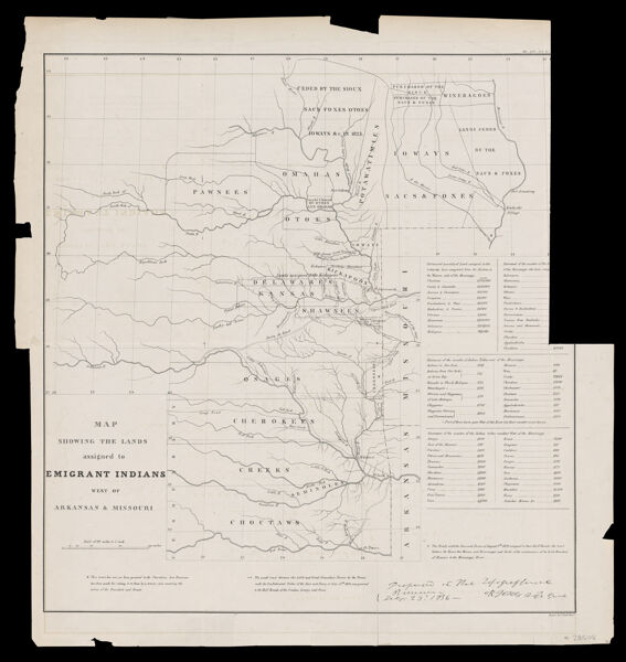 Map showing the lands assigned to emigrant Indians west of Arkansas & Missouri prepared at the Topographical Bureau, R. Jones, adj. gen.