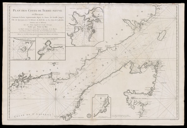 Plan des Côtes de Terre-Neuve VI. e feuille contenant la partie septentrionale depuis la Pointe de Ferolle jusqu'a l'Ile de Quirpon, avec le Détroit de Bell-ile et les côtes de Labrador, situees sur ce Détroit