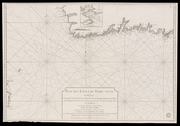 Plan des Côtes de Terre-Neuve III. feuille contenant la partie méridionale depuis les Iles de Burgeo jusqu'au Cap de Raye, avec l'entrée du golfe de St. Laurent comprise entre ce Cap et le Cap de Nord