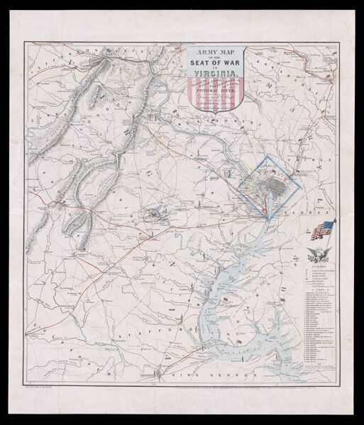 Army map of seat of war in Virginia showing battle fields, fortifications etc. on & near the Potomac River