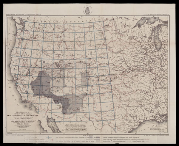 Progress Map of lines and areas of explorations and surveys conducted under the auspices of the war department giving the area of the public domain west of the 100th meridian of longitude with an index illustration of a series of atlas maps prepared under