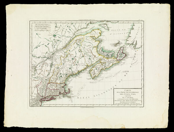 Carte de la partie septentrionale des etats unis comprenant le Canada, la Nouvelle Ecosse, New Hampshire, Massachusett's Bay, Rhode-Island, Connecticut, New-York, etat de Vermont, avec partie de Pensilvanie et de New-Jersey.