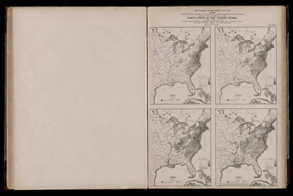 The progress of the nation, 1790-1820. Maps showing, in five degrees of density, the distribution, within the territory east of the 100th meridian of the population of the United States (excluding Indians not taxed.) Compiled from the returns of population at the first, second, third, and fourth censuses of the United States, 1790-1800-1810-1820