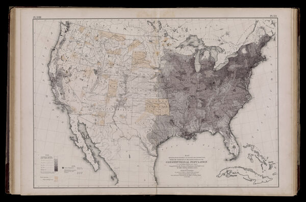 Map showing, in five degrees of density, the distribution within the territory of the United States, of the constitutional population (i.e. excluding Indians not taxed) compiled from the returns of population at the ninth census of the United States 1870