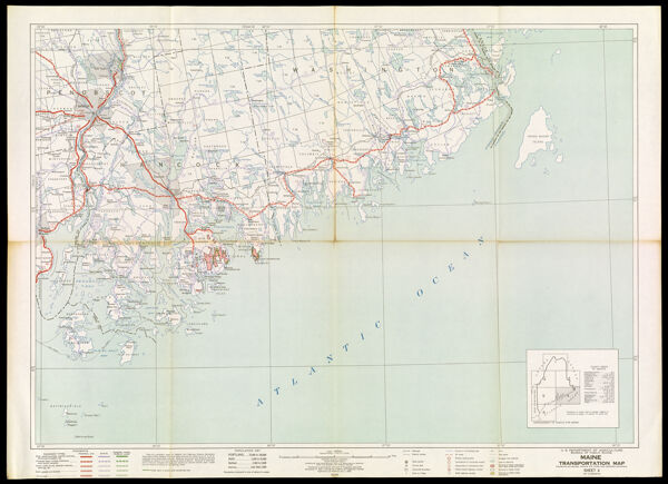 Maine transportation map : highways, railroads, canals, air lanes, and dredged channels