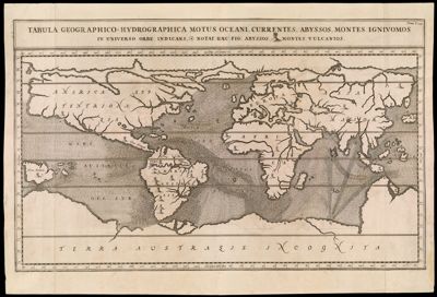 Tabula geographico-hydrographica motus oceani, currentes, abyssos, montes ignivomos in universo orbe indicans, notat haec fig. abyssos montes vulcanios.