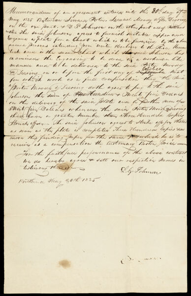 Memorandum of an agreement entered into this 30th day of May 1825 between Seward Porter, Lemuel Moody & Geo. Derring on the one part K& D.G. Johnson on the other part...