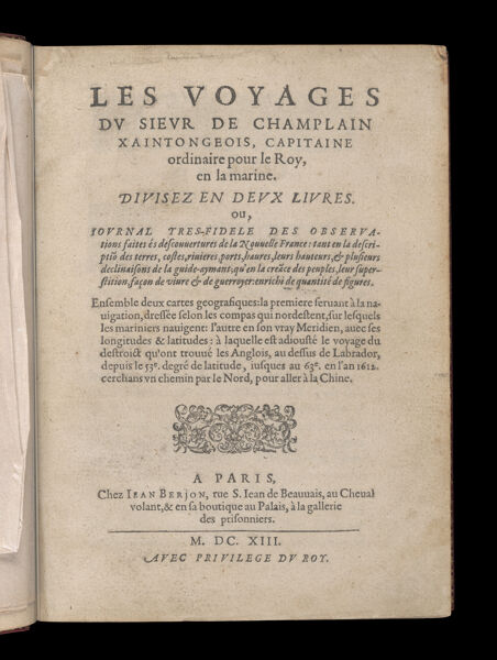 Les Voyages du Sieur de Champlain Xaintongeois, Capitaine ordinaire pour le Roy, en la marine. Title page