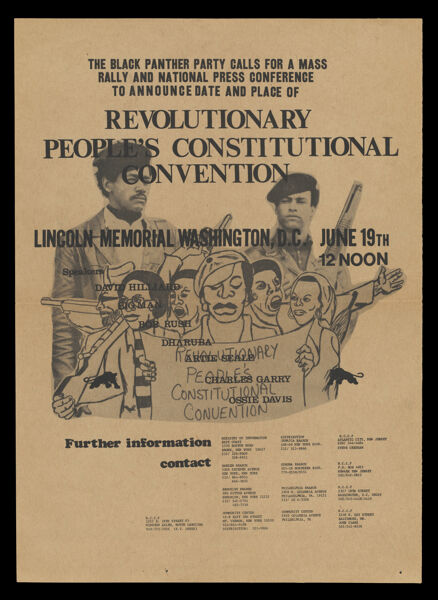 The Black Panther Party calls for a mass rally and national press conference  to announce date and place of revolutionary people's constitutional convention Lincoln Memorial Washington, D.C June 19th, 12 noon.