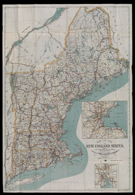 Map of the New England states, showing state, county & town boundaries, post offices, railroad stations, & c.