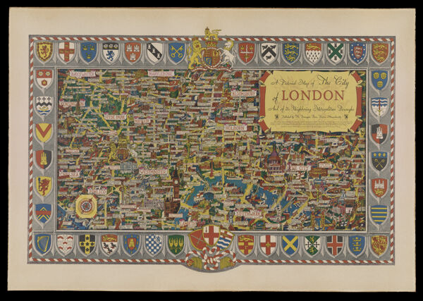 A Pictorial Map of the City of London and its neighboring metropolitan boroughs published by the Ravengate Press, Boston Massachusetts.