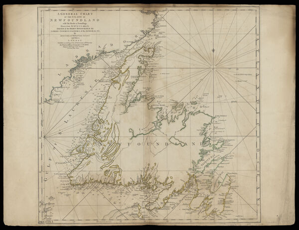 A general chart of the island of Newfoundland with the rocks & soundings by James Cook and Michael Lane, surveyors, and others.