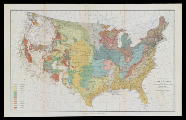 Reconnoissance Map of the United States showing the Distribution of the Geological System so far as known. Compiled from Data in possession of the U.S. Geological Survey by W. J. McGee 1893.