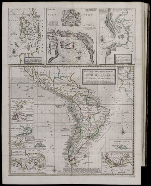 A new & exact map of the coast, countries and islands within ye limits of ye South Sea Company from ye Rivers Aranoca to Terra de Fuego, and from thence through ye South Sea, to ye North Part of California &c. with a view of the general and coasting Trade-Winds and particular draughts of the most important bays, ports &c. According to ye newest observations, by Herman Moll geographer.