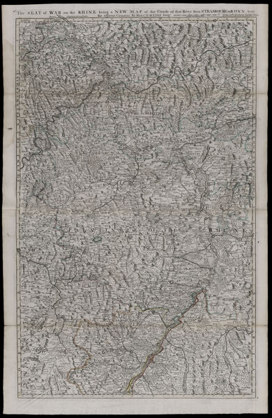 The seat of war on the Rhine being a new map of the course of that river from Strasbourg to Bonn with the adjacent counties. By Monsr. G. de L'Isle Geogr.