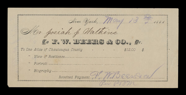 [Receipt of payment from F. W. Beers & Co. for purchase of Atlas of Chautauqua County}