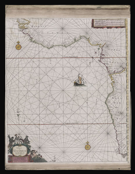 Paskaart van Guinea, van Cabo Verde tot Cabo de bon Esperance. t'Amsterdam, by Hendrick Doncker, Inde Nieuwbrugsteegh, in't Stuermans Gereetschap het derde Huys vande Nieubrugh indestraet.