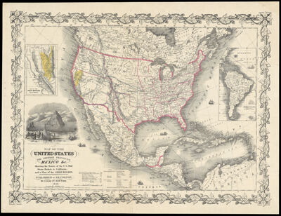 Map of the United States, the British provinces, Mexico and C.: showing the routes of the U.S. mail, and a plan of the gold region