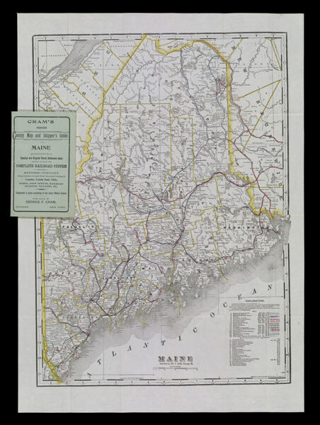 Cram's indexed County map and Shipper's Guide of Maine accompanied by a concise and original ready reference index showing in detail the complete Railroad System and the Express Company doing business over each road accurately locating all the counties, county seats, cities, towns, post offices, railroad stations, villages, etc.