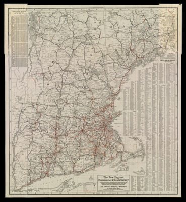 The New England Commercial and Route Survey Showing all Postoffices, Railroads, Electric Roads in operation and proposed, Good Roads, Population (showing latest Massachusetts Census) and a comprehensive Distance Table. The Bullard Company, Publishers, 46 Cornhill, Boston, Mass. Compiled and engraved from Government Surveys and Original Information. Copyright 1909 by F.S. Blanchard & Co., Worcester, Mass.