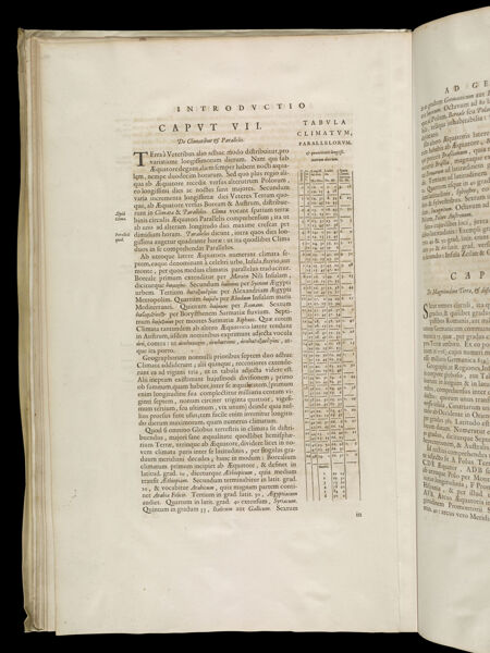Caput VII. De Climatibus & Parallelis. / Tabula Climatum, Parallelorum, & quantitatis longissimorum dierum.
