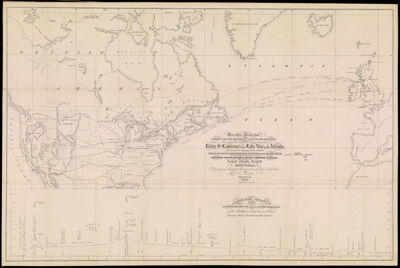 Mercator's Projection. With the Great Circle, Shortest Sailing or Air Lines, Illustrating the directness & capacity of the River St. Lawrence from Lake Erie to the Atlantic As a means of communication between Europe and the Commercial Center of the Great West. Shewing also the Extension of the Northern Pacific Railway Route through Canada, the the nearest Atlantic Seaport at Montreal. Prepared for the Canadian Commissioners of the Paris Exhibitions by Thomas C. Keefer, C.E. Montreal, 1855. G. Matthews Lith. Montreal.