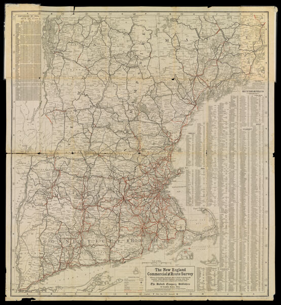 The New England Commercial and Route Survey Showing all Postoffices, Railroads, Electric Roads in operation and proposed, Good Roads, Population (showing latest Massachusetts census) and a comprehensive Distance Table.