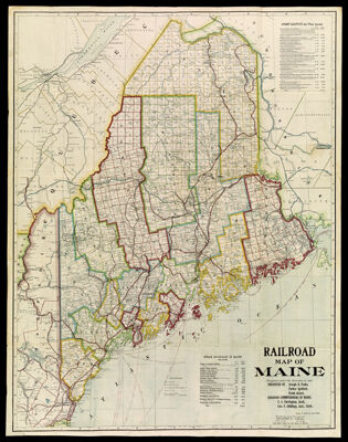 Railroad Map of Maine Prepared under the direction of, and Presented by Joseph B. Peaks, Parker Spofford, Frank Keizer, Railroad Commissioners of Maine. E.C. Farrington, Clerk Geo. F. Giddings, Asst., Clerk.
