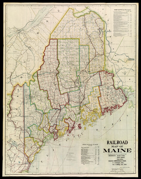 Railroad Map of Maine Prepared under the direction of, and Presented by Joseph B. Peaks, Parker Spofford, Frank Keizer, Railroad Commissioners of Maine. E.C. Farrington, Clerk Geo. F. Giddings, Asst., Clerk.