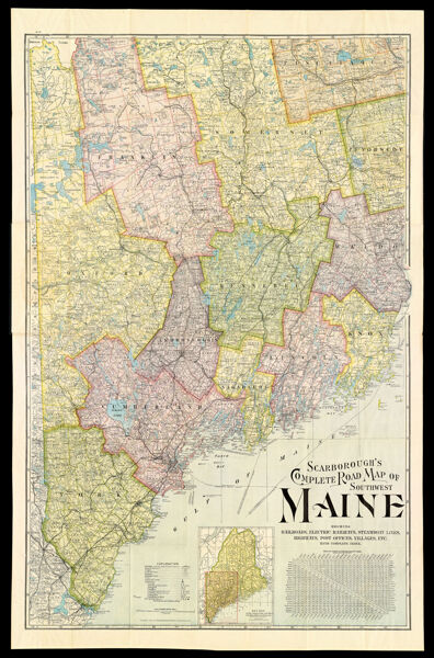 Scarborough's Complete Road Map of Southwest Maine showing Railroads, Electric Railways, Steamboat Lines, Highways, Post Offices, Villages, etc. with Complete Index.