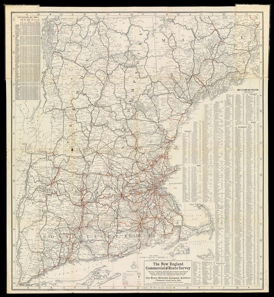 The New England Commercial and Route Survey showing all Postoffices, Railroads, Electric Roads in operation and proposed, Good Roads, Population (showing latest Massachusetts census) and a comprehensive Distance Table.